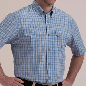 Duluth Trading Co Armachillo cooling Light Blue Checkered Shirt large NWOT